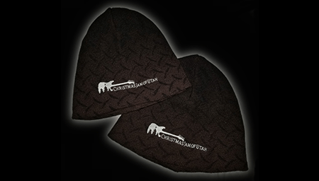 two knit beanies with the christmas jam of utah charity logo embroidered on them